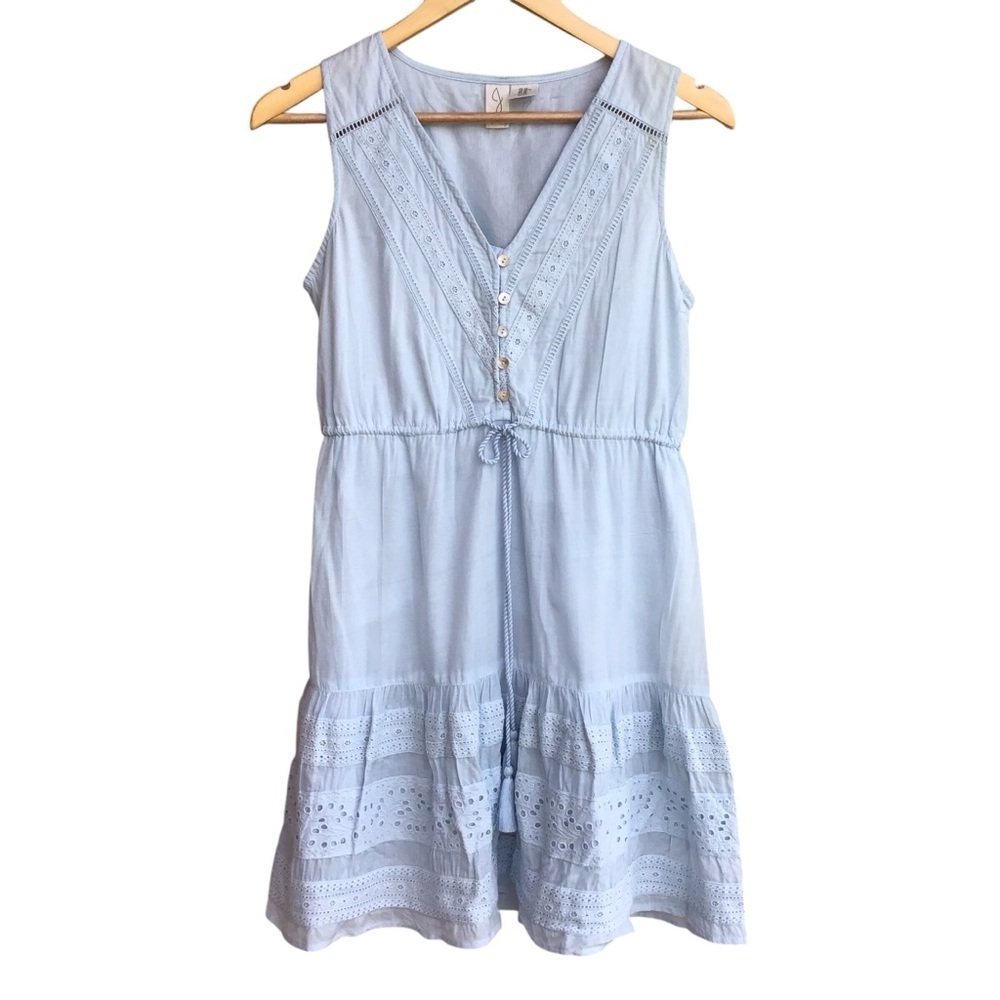 Joie Boho Blue Eyelet Lace Trim Tassel Tie Waist Dress Size XS